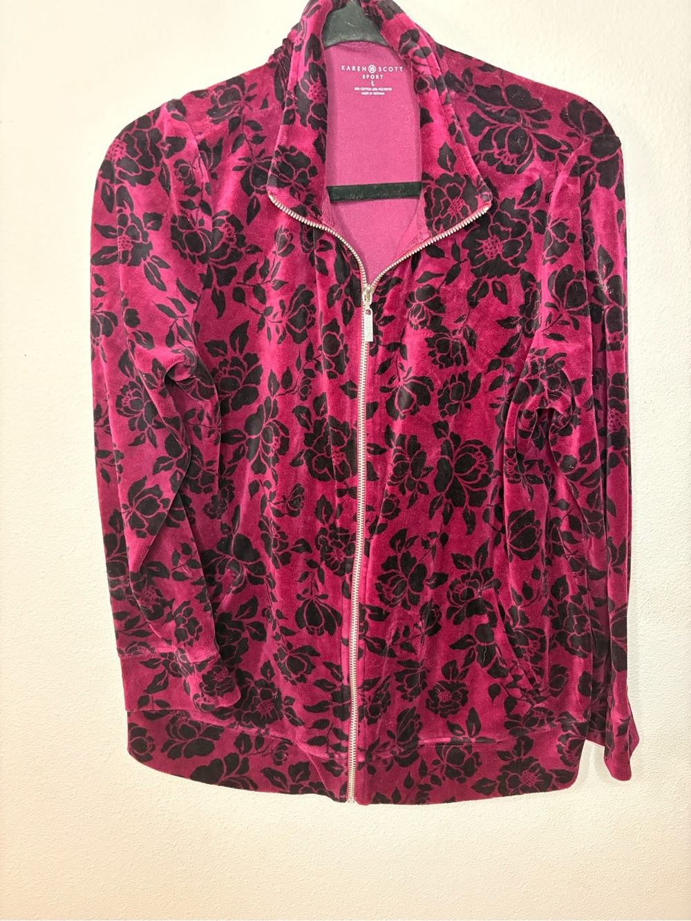 Karen Scott Pink Plush Zip-Up Jacket with Black Floral Flock-130